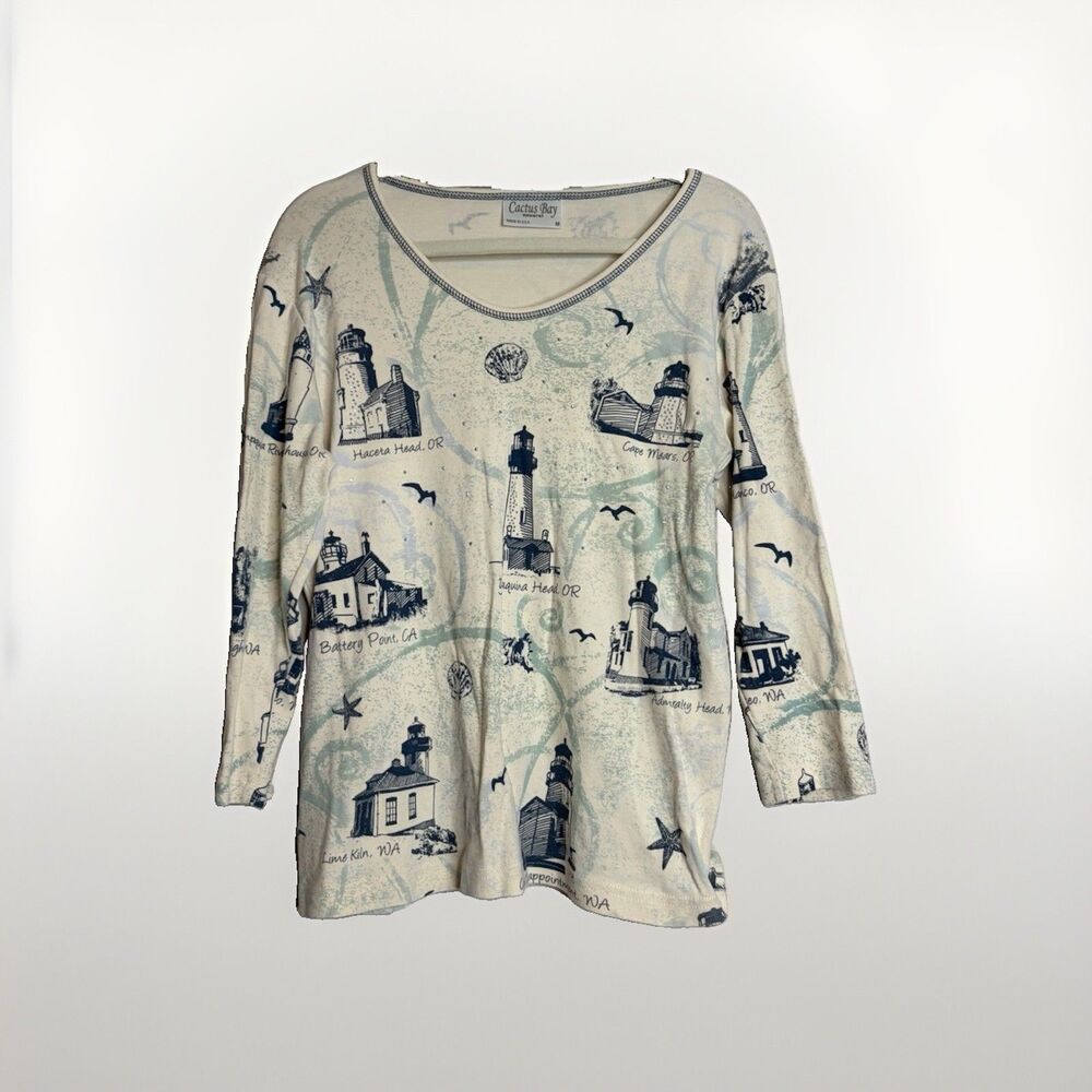 Cactus Bay Womens M Ivory Blue Nautical Lighthouse Graphic Scoop Neck 3/4 Tee